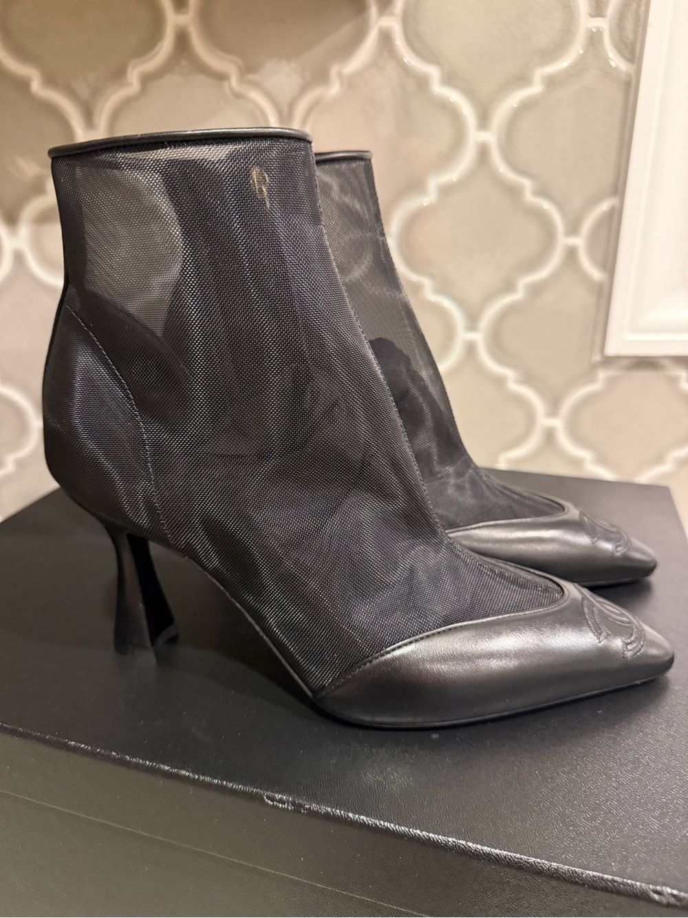 BNWT 26B Black Mesh and Lambskin Short Boots, Size 35